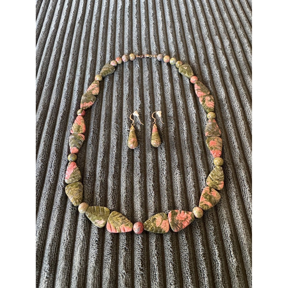 Unakite Necklace Set Teardrop Earrings Natural‎ Stone Gemstone Boho Chic